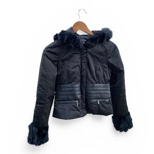 bebe Black real rabbit Fur  leather Trim Puffer Jacket vintage y2k baddie